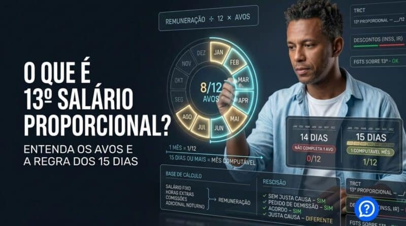 Representação hiper-realista do cálculo do 13º salário proporcional mostrando os 12 meses do ano, regra dos 15 dias, avos do décimo terceiro e cálculo na rescisão trabalhista.