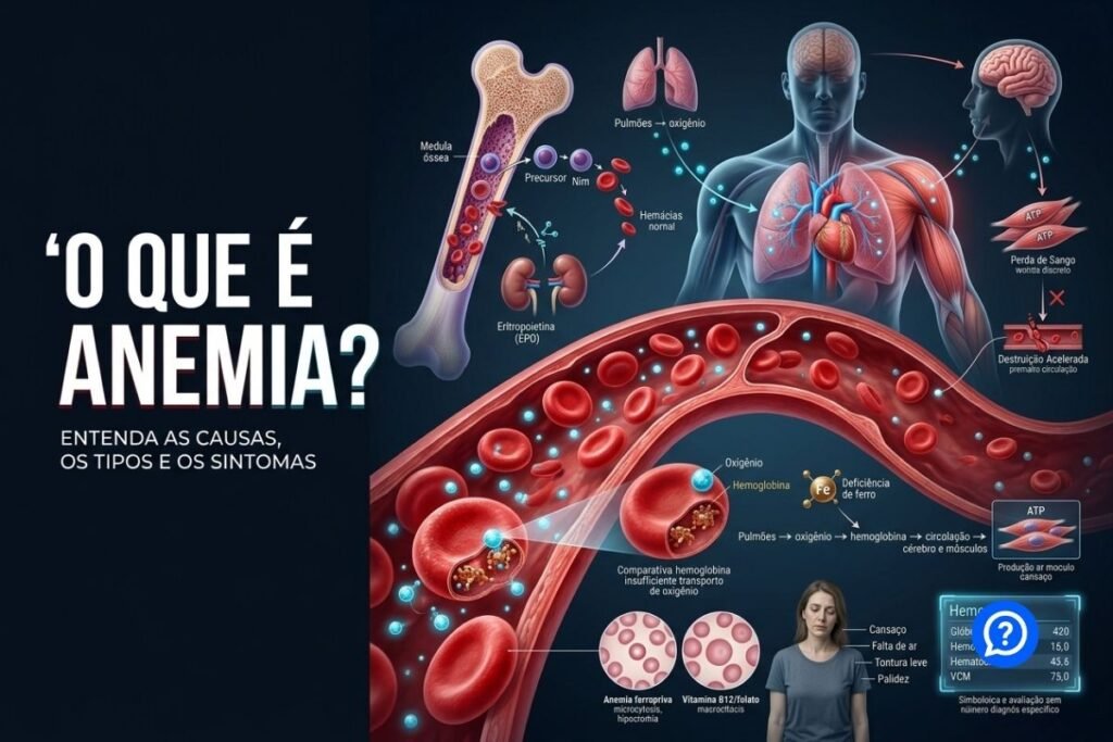 Representação hiper-realista do sangue mostrando glóbulos vermelhos saudáveis e redução de hemoglobina na anemia, com moléculas de oxigênio sendo transportadas dos pulmões para os tecidos e destaque para a medula óssea produzindo hemácias.