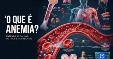 Representação hiper-realista do sangue mostrando glóbulos vermelhos saudáveis e redução de hemoglobina na anemia, com moléculas de oxigênio sendo transportadas dos pulmões para os tecidos e destaque para a medula óssea produzindo hemácias.