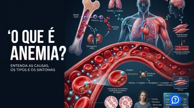 Representação hiper-realista do sangue mostrando glóbulos vermelhos saudáveis e redução de hemoglobina na anemia, com moléculas de oxigênio sendo transportadas dos pulmões para os tecidos e destaque para a medula óssea produzindo hemácias.