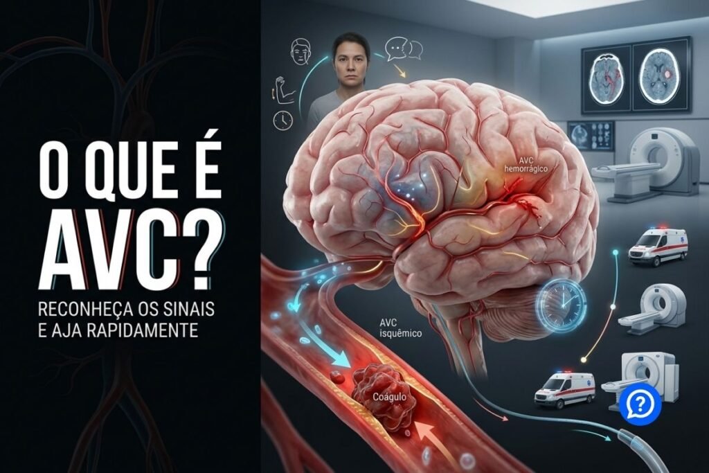Representação hiper-realista do cérebro humano mostrando um vaso obstruído no AVC isquêmico e um vaso rompido no AVC hemorrágico, acompanhada dos sinais de rosto torto, braço fraco e dificuldade de fala.