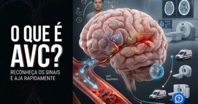 Representação hiper-realista do cérebro humano mostrando um vaso obstruído no AVC isquêmico e um vaso rompido no AVC hemorrágico, acompanhada dos sinais de rosto torto, braço fraco e dificuldade de fala.