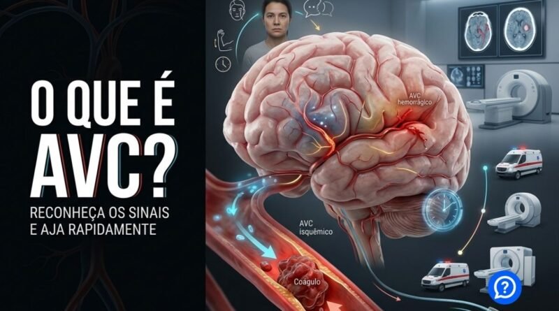 Representação hiper-realista do cérebro humano mostrando um vaso obstruído no AVC isquêmico e um vaso rompido no AVC hemorrágico, acompanhada dos sinais de rosto torto, braço fraco e dificuldade de fala.