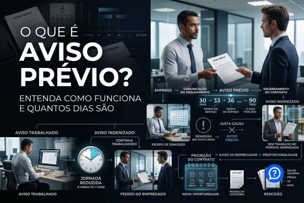 Representação hiper-realista de aviso prévio mostrando trabalhador e empresa encerrando contrato de trabalho, com comparação entre aviso trabalhado, indenizado e proporcional de 30 a 90 dias.