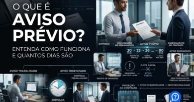 Representação hiper-realista de aviso prévio mostrando trabalhador e empresa encerrando contrato de trabalho, com comparação entre aviso trabalhado, indenizado e proporcional de 30 a 90 dias.