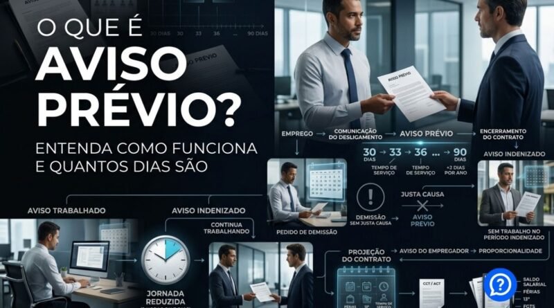 Representação hiper-realista de aviso prévio mostrando trabalhador e empresa encerrando contrato de trabalho, com comparação entre aviso trabalhado, indenizado e proporcional de 30 a 90 dias.