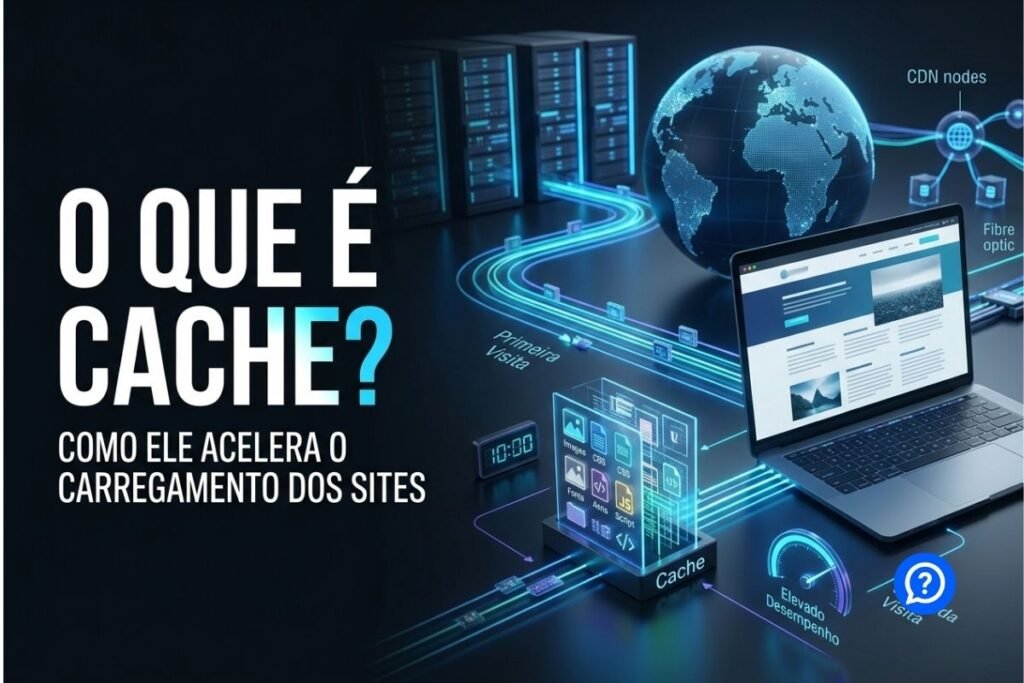 Representação hiper-realista de um navegador reutilizando arquivos armazenados em cache para acelerar o carregamento de um website, conectado a um servidor moderno e a uma rede de distribuição de conteúdo por meio de conexões digitais luminosas.