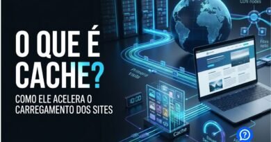 Representação hiper-realista de um navegador reutilizando arquivos armazenados em cache para acelerar o carregamento de um website, conectado a um servidor moderno e a uma rede de distribuição de conteúdo por meio de conexões digitais luminosas.