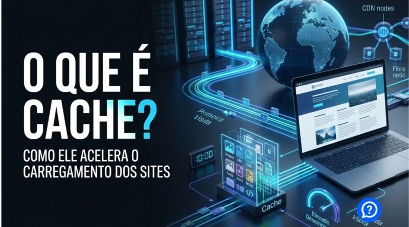 Representação hiper-realista de um navegador reutilizando arquivos armazenados em cache para acelerar o carregamento de um website, conectado a um servidor moderno e a uma rede de distribuição de conteúdo por meio de conexões digitais luminosas.