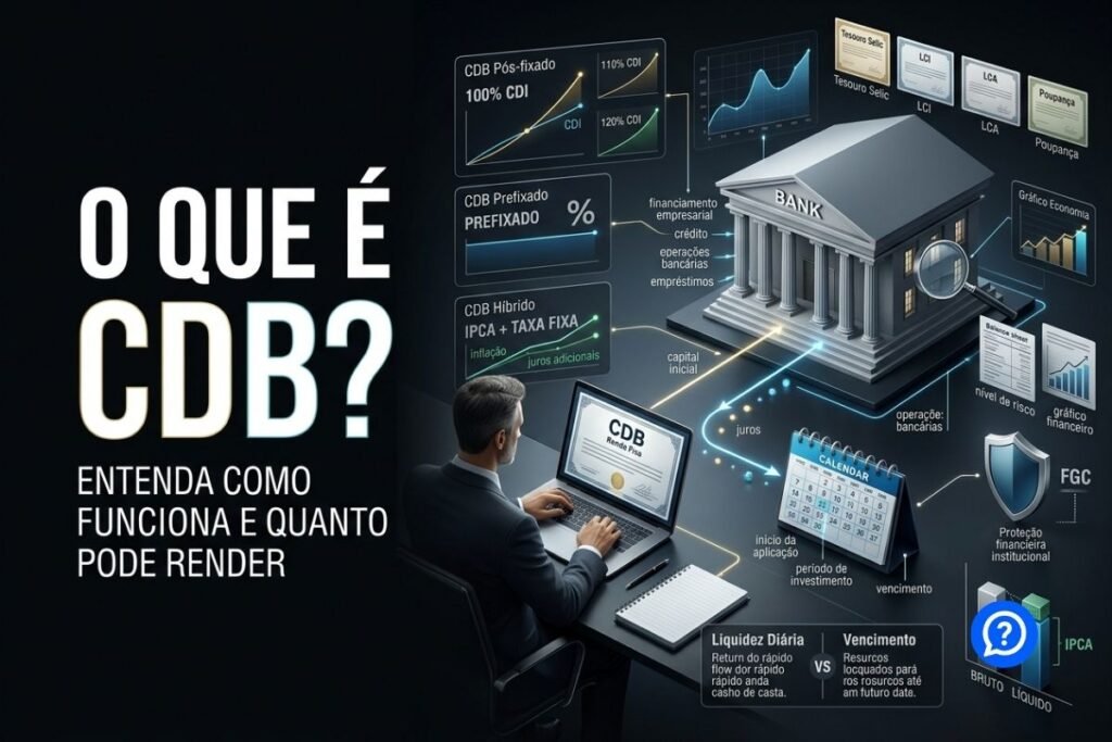 Representação hiper-realista de um investimento em CDB mostrando investidor transferindo recursos para uma instituição financeira, remuneração por CDI, prazo, liquidez e proteção do Fundo Garantidor de Créditos.