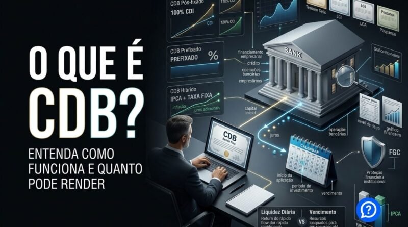 Representação hiper-realista de um investimento em CDB mostrando investidor transferindo recursos para uma instituição financeira, remuneração por CDI, prazo, liquidez e proteção do Fundo Garantidor de Créditos.