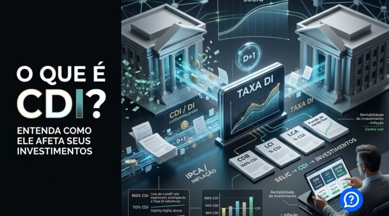Representação hiper-realista do CDI mostrando operações financeiras de curtíssimo prazo entre bancos, Taxa DI conectada à Selic e investimentos como CDB, LCI e renda fixa remunerados por percentuais do CDI.