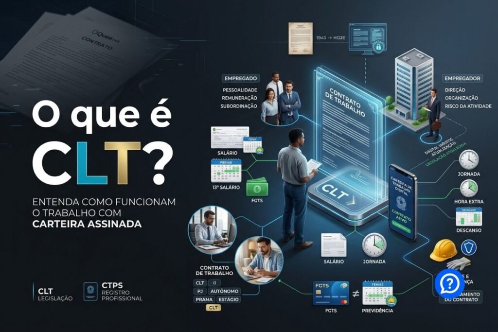 Representação hiper-realista da CLT e do trabalho formal no Brasil, com Carteira de Trabalho Digital, contrato de emprego e símbolos de direitos trabalhistas como férias, FGTS, salário e jornada.