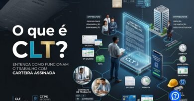 Representação hiper-realista da CLT e do trabalho formal no Brasil, com Carteira de Trabalho Digital, contrato de emprego e símbolos de direitos trabalhistas como férias, FGTS, salário e jornada.