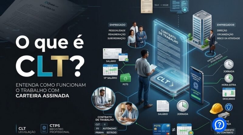 Representação hiper-realista da CLT e do trabalho formal no Brasil, com Carteira de Trabalho Digital, contrato de emprego e símbolos de direitos trabalhistas como férias, FGTS, salário e jornada.
