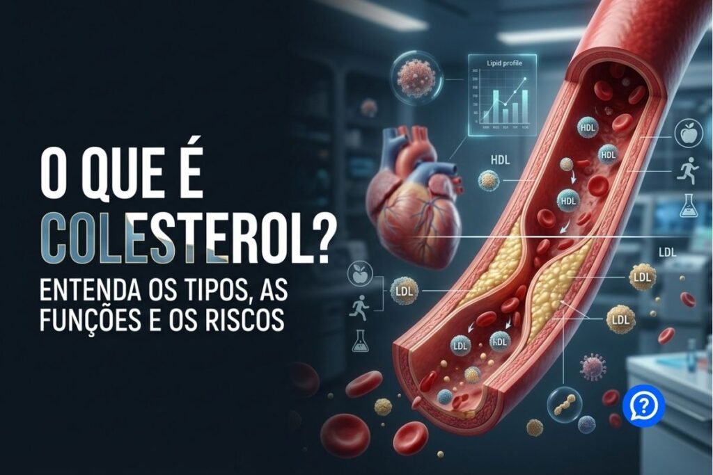 Ilustração hiper-realista mostrando partículas de HDL e LDL circulando pelas artérias, com destaque para o acúmulo gradual de placas de colesterol em um vaso sanguíneo, além do coração ao fundo, representando a relação entre colesterol e saúde cardiovascular.
