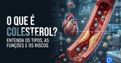 Ilustração hiper-realista mostrando partículas de HDL e LDL circulando pelas artérias, com destaque para o acúmulo gradual de placas de colesterol em um vaso sanguíneo, além do coração ao fundo, representando a relação entre colesterol e saúde cardiovascular.