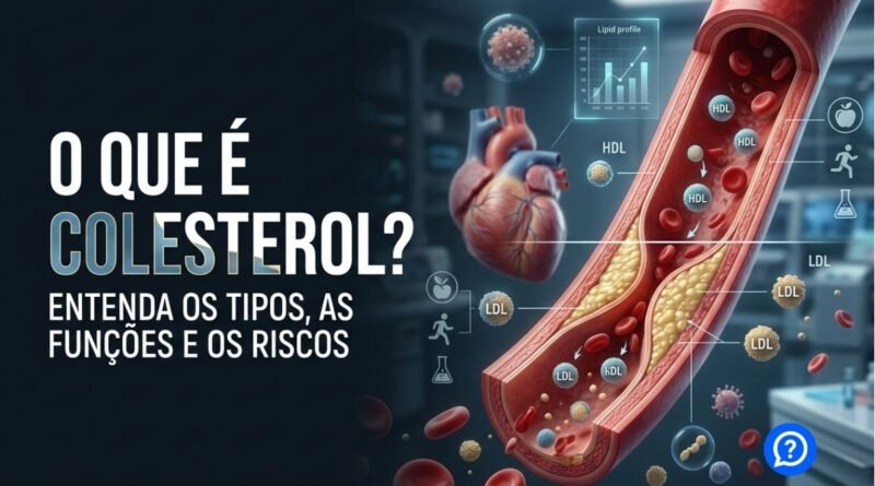 Ilustração hiper-realista mostrando partículas de HDL e LDL circulando pelas artérias, com destaque para o acúmulo gradual de placas de colesterol em um vaso sanguíneo, além do coração ao fundo, representando a relação entre colesterol e saúde cardiovascular.