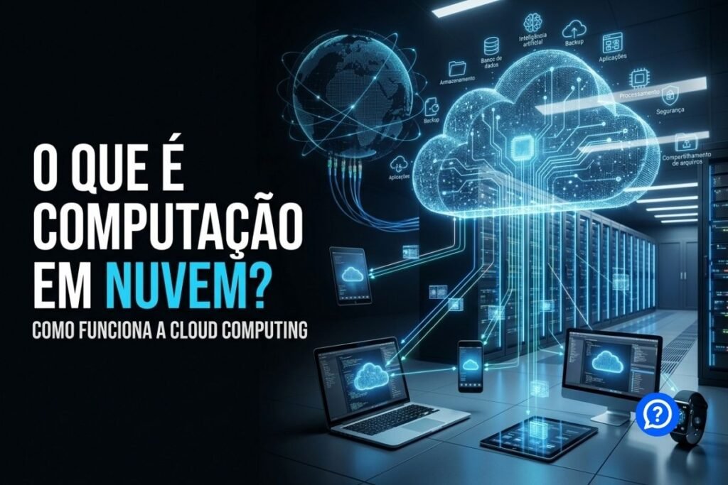 Ilustração hiper-realista mostrando uma infraestrutura de computação em nuvem composta por data centers modernos, servidores interligados, nuvem digital holográfica e diversos dispositivos sincronizando arquivos pela Internet em um ambiente tecnológico futurista.