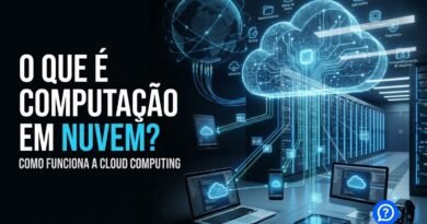 Ilustração hiper-realista mostrando uma infraestrutura de computação em nuvem composta por data centers modernos, servidores interligados, nuvem digital holográfica e diversos dispositivos sincronizando arquivos pela Internet em um ambiente tecnológico futurista.