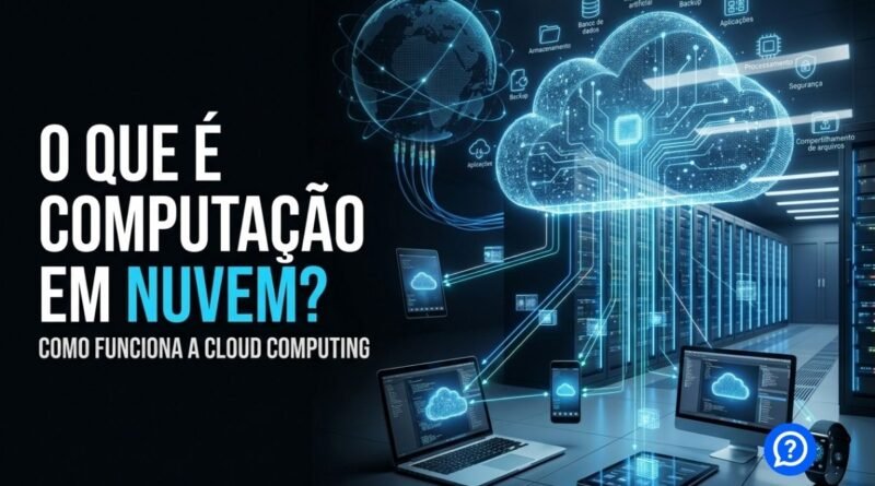 Ilustração hiper-realista mostrando uma infraestrutura de computação em nuvem composta por data centers modernos, servidores interligados, nuvem digital holográfica e diversos dispositivos sincronizando arquivos pela Internet em um ambiente tecnológico futurista.