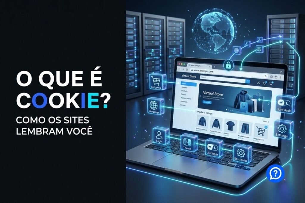 Ilustração hiper-realista mostrando um navegador moderno armazenando cookies enviados por um website, com conexões seguras, servidor em um data center e elementos digitais representando preferências, autenticação e personalização da navegação.