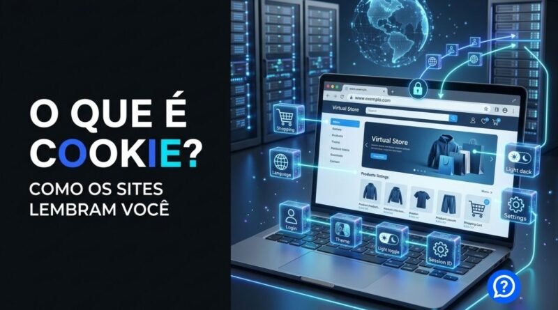 Ilustração hiper-realista mostrando um navegador moderno armazenando cookies enviados por um website, com conexões seguras, servidor em um data center e elementos digitais representando preferências, autenticação e personalização da navegação.