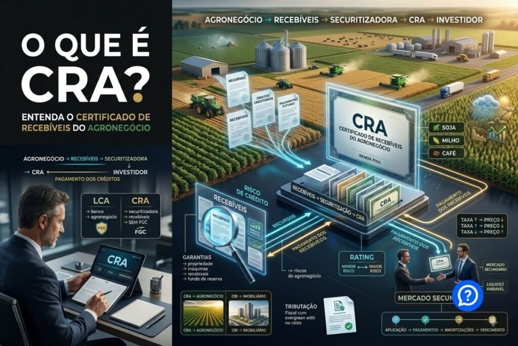 Representação hiper-realista de um CRA mostrando recebíveis do agronegócio sendo transformados em Certificados de Recebíveis do Agronegócio por uma securitizadora e adquiridos por investidores.