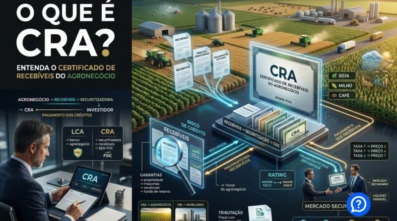 Representação hiper-realista de um CRA mostrando recebíveis do agronegócio sendo transformados em Certificados de Recebíveis do Agronegócio por uma securitizadora e adquiridos por investidores.