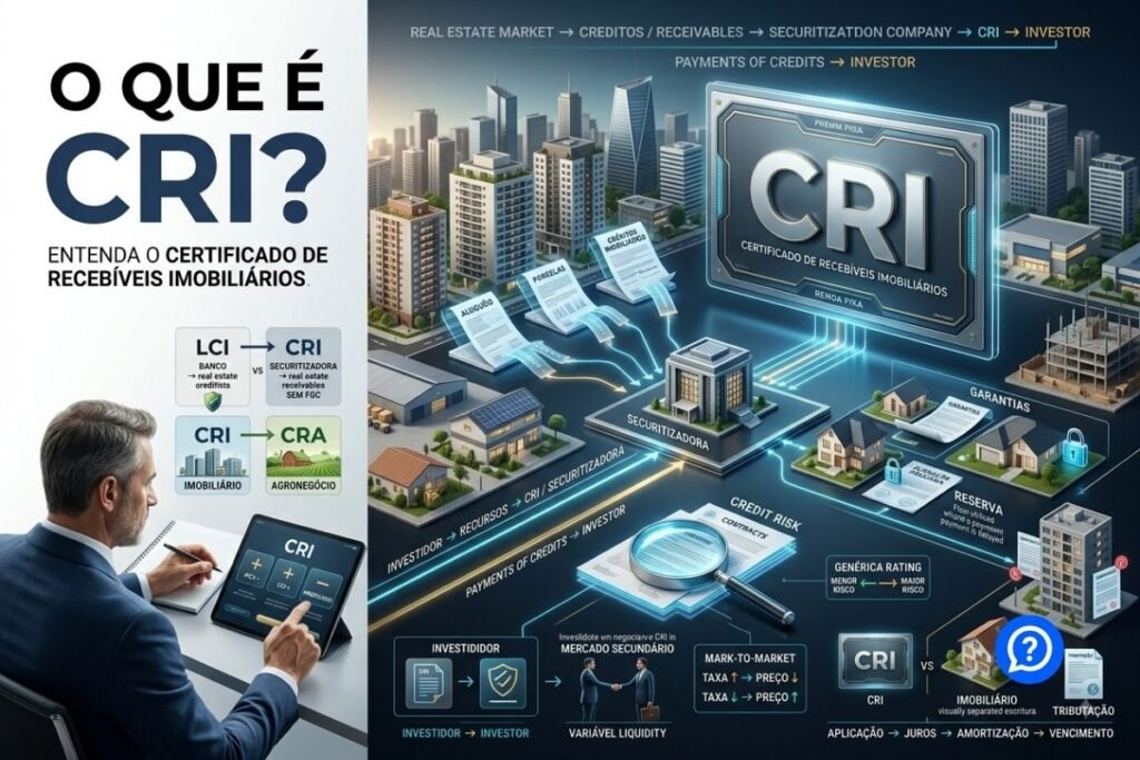 Representação hiper-realista de um CRI mostrando créditos imobiliários sendo transformados em Certificados de Recebíveis Imobiliários por uma securitizadora e adquiridos por investidores.