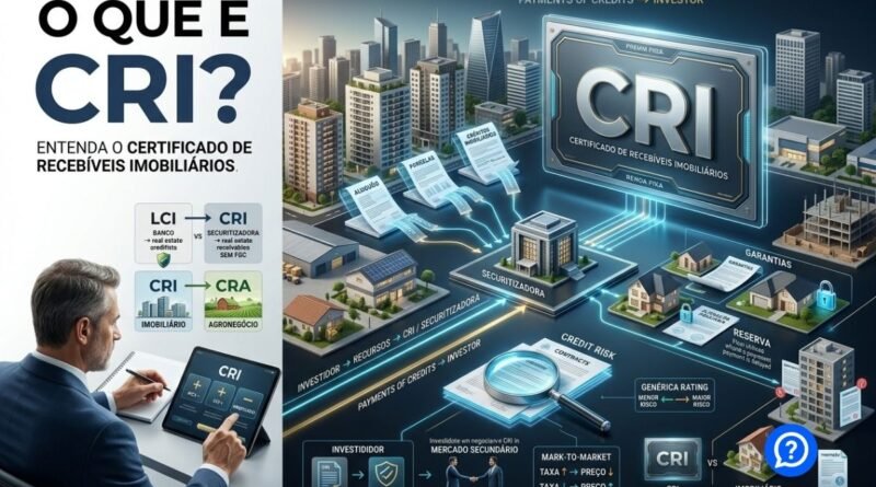Representação hiper-realista de um CRI mostrando créditos imobiliários sendo transformados em Certificados de Recebíveis Imobiliários por uma securitizadora e adquiridos por investidores.