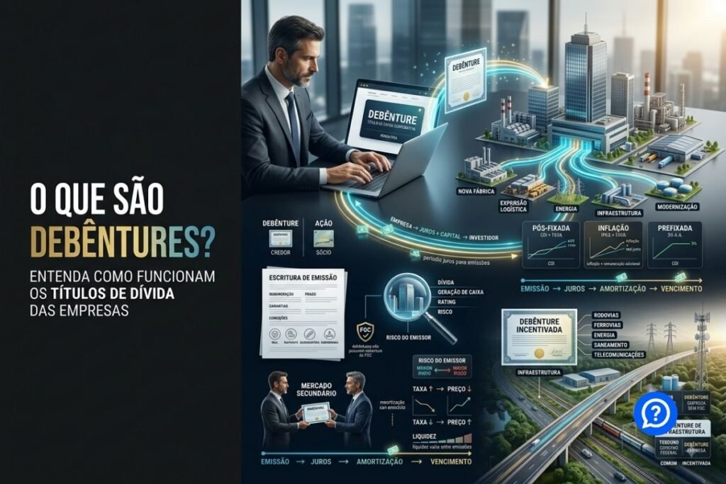 Representação hiper-realista de debêntures mostrando investidor emprestando recursos a uma empresa por meio do mercado de capitais, com remuneração em juros, risco de crédito, garantias, vencimento e projetos de infraestrutura.