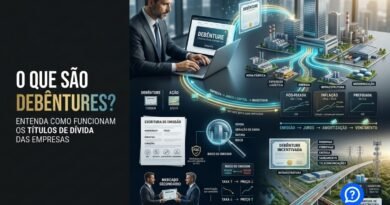 Representação hiper-realista de debêntures mostrando investidor emprestando recursos a uma empresa por meio do mercado de capitais, com remuneração em juros, risco de crédito, garantias, vencimento e projetos de infraestrutura.