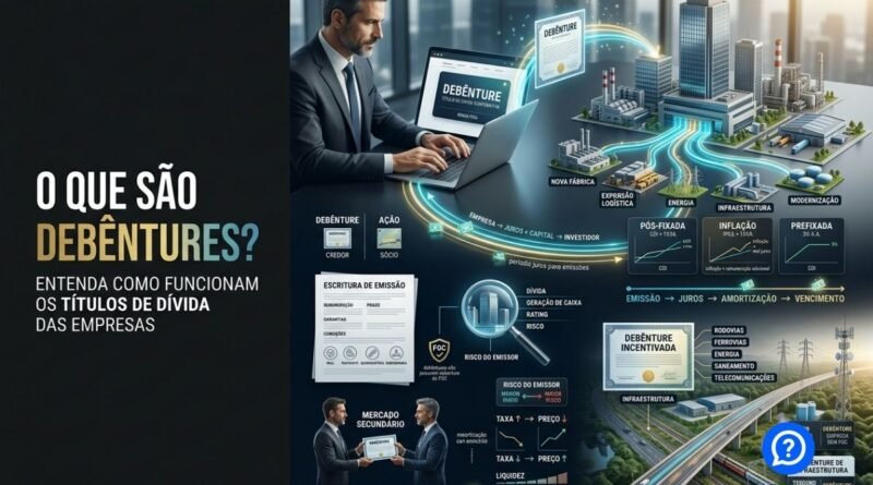 Representação hiper-realista de debêntures mostrando investidor emprestando recursos a uma empresa por meio do mercado de capitais, com remuneração em juros, risco de crédito, garantias, vencimento e projetos de infraestrutura.