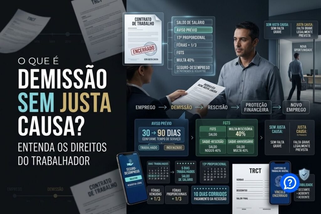 Representação hiper-realista de demissão sem justa causa mostrando trabalhador encerrando contrato, com aviso prévio, férias, 13º salário, FGTS, multa de 40% e Seguro-Desemprego.