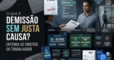 Representação hiper-realista de demissão sem justa causa mostrando trabalhador encerrando contrato, com aviso prévio, férias, 13º salário, FGTS, multa de 40% e Seguro-Desemprego.