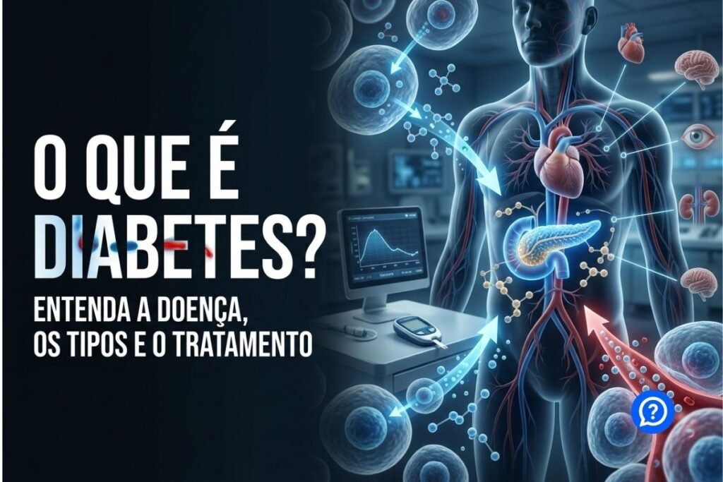 Ilustração hiper-realista mostrando a ação da insulina permitindo a entrada da glicose nas células, com destaque para o pâncreas, corrente sanguínea e níveis elevados de glicose característicos do diabetes, em um ambiente médico moderno e didático.