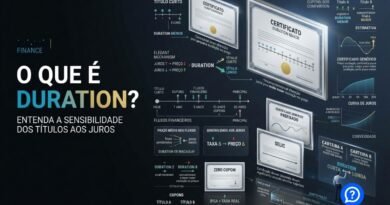 Representação financeira hiper-realista do conceito de duration mostrando títulos de curto e longo prazo, fluxos de caixa, curva de juros e a maior sensibilidade dos títulos longos às mudanças das taxas.