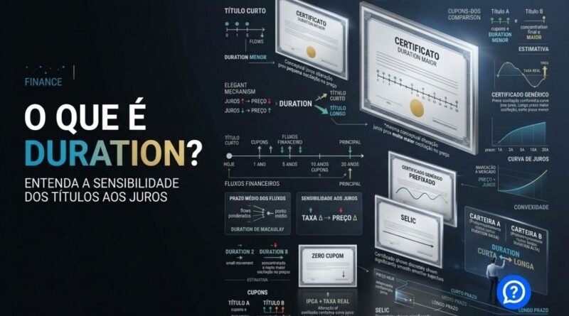 Representação financeira hiper-realista do conceito de duration mostrando títulos de curto e longo prazo, fluxos de caixa, curva de juros e a maior sensibilidade dos títulos longos às mudanças das taxas.