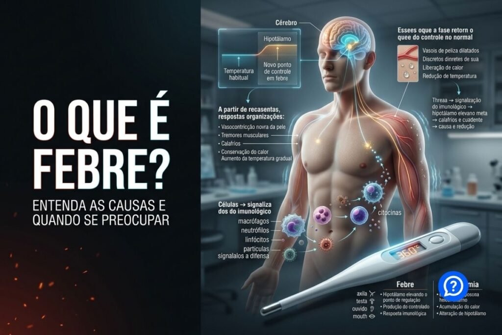 Representação hiper-realista do corpo humano regulando a febre, com destaque para o hipotálamo, sistema imunológico, termômetro digital, aumento da temperatura e resposta contra microrganismos.