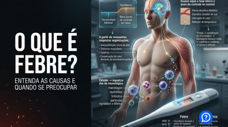 Representação hiper-realista do corpo humano regulando a febre, com destaque para o hipotálamo, sistema imunológico, termômetro digital, aumento da temperatura e resposta contra microrganismos.