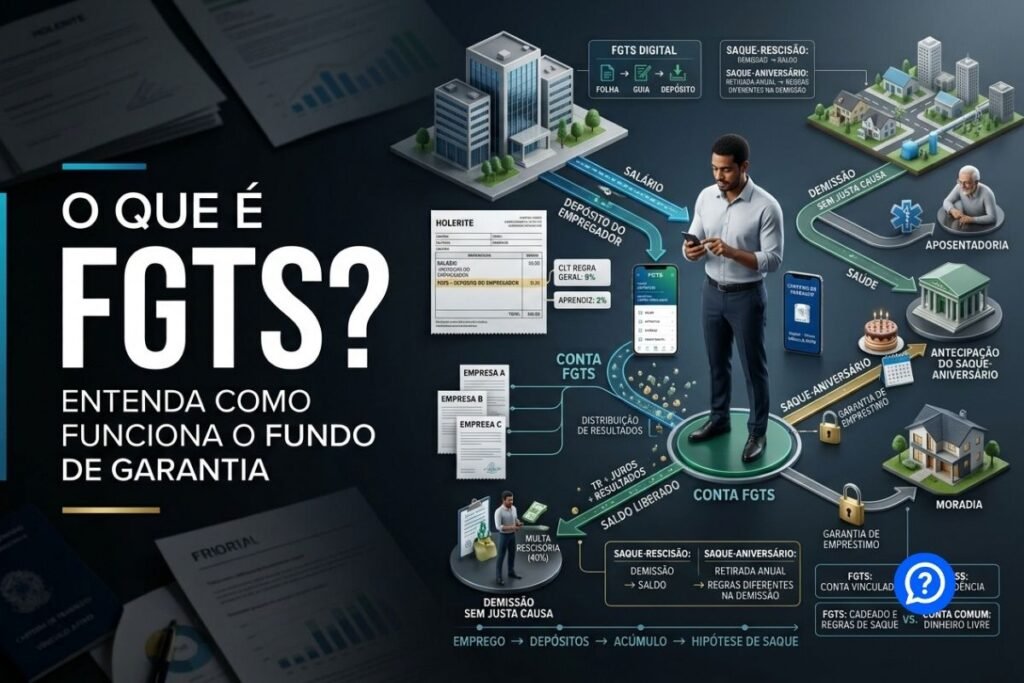 Representação hiper-realista do FGTS mostrando empregador realizando depósitos em uma conta vinculada ao trabalhador, com Carteira de Trabalho Digital, saldo do Fundo e situações de saque como demissão, aposentadoria e moradia.