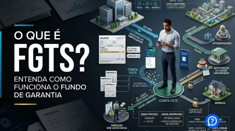 Representação hiper-realista do FGTS mostrando empregador realizando depósitos em uma conta vinculada ao trabalhador, com Carteira de Trabalho Digital, saldo do Fundo e situações de saque como demissão, aposentadoria e moradia.