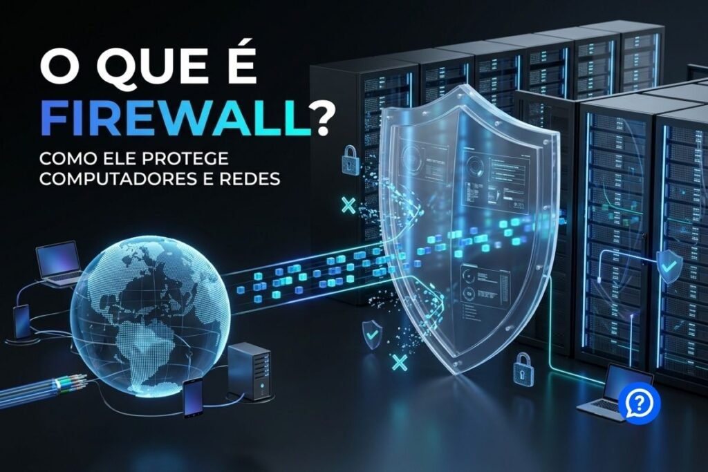 Representação hiper-realista de um firewall protegendo uma rede corporativa, com um escudo digital filtrando pacotes de dados entre a Internet e um moderno data center, mostrando conexões autorizadas e bloqueadas em um ambiente tecnológico futurista.