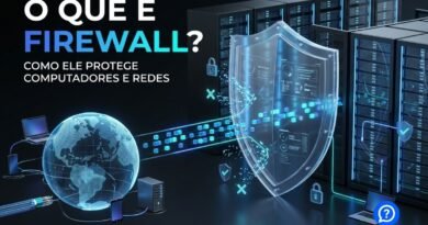 Representação hiper-realista de um firewall protegendo uma rede corporativa, com um escudo digital filtrando pacotes de dados entre a Internet e um moderno data center, mostrando conexões autorizadas e bloqueadas em um ambiente tecnológico futurista.