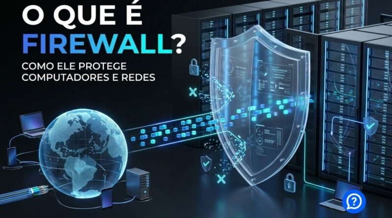 Representação hiper-realista de um firewall protegendo uma rede corporativa, com um escudo digital filtrando pacotes de dados entre a Internet e um moderno data center, mostrando conexões autorizadas e bloqueadas em um ambiente tecnológico futurista.
