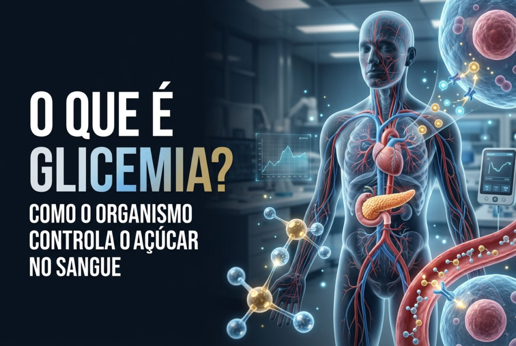 Ilustração hiper-realista mostrando moléculas de glicose circulando na corrente sanguínea, o pâncreas produzindo insulina e células absorvendo glicose para produção de energia, em um ambiente médico moderno e didático.