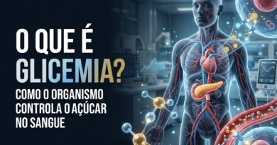 Ilustração hiper-realista mostrando moléculas de glicose circulando na corrente sanguínea, o pâncreas produzindo insulina e células absorvendo glicose para produção de energia, em um ambiente médico moderno e didático.