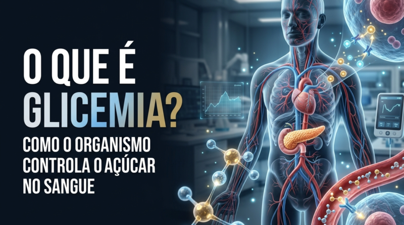Ilustração hiper-realista mostrando moléculas de glicose circulando na corrente sanguínea, o pâncreas produzindo insulina e células absorvendo glicose para produção de energia, em um ambiente médico moderno e didático.