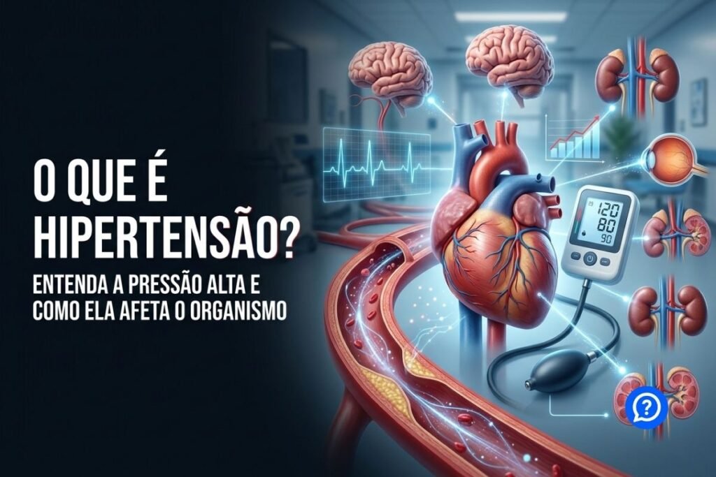Ilustração hiper-realista mostrando o coração bombeando sangue através das artérias, com destaque para vasos sanguíneos sob alta pressão, aparelho de medição da pressão arterial e representação médica moderna do sistema cardiovascular.